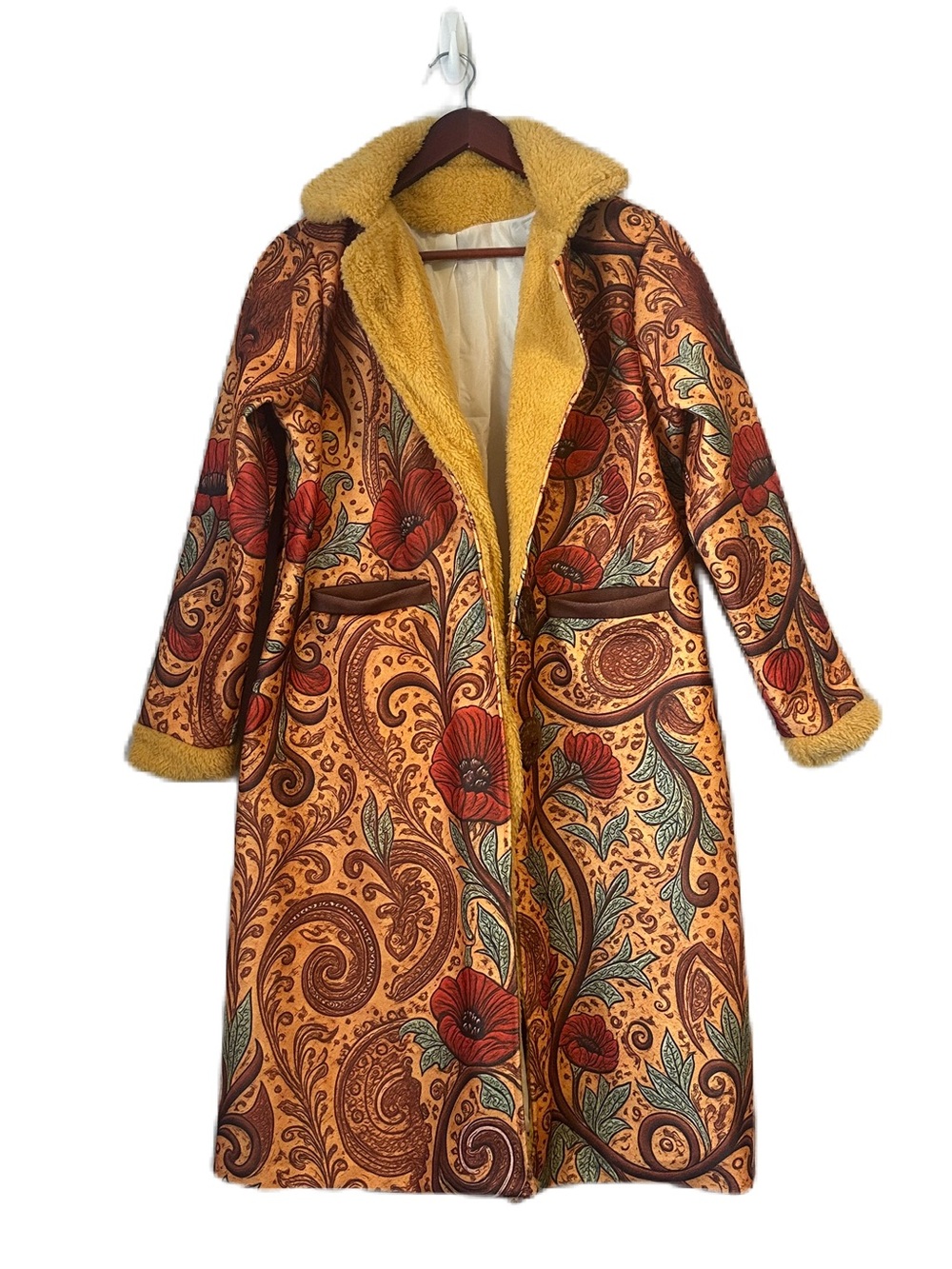 Gold Vintage 60s 70s Style Afghan Floral Paisley Tapestry Pattern Fur Trim Coat